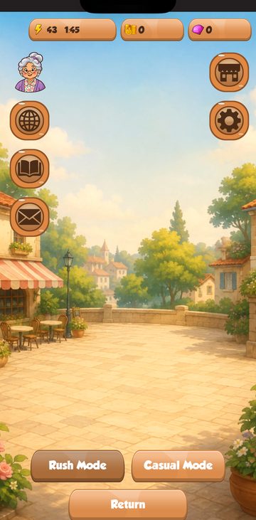 The Hub: a painted village square with profile, world, recipes, mail, shop and settings buttons, and Rush Mode, Casual Mode and Return buttons
